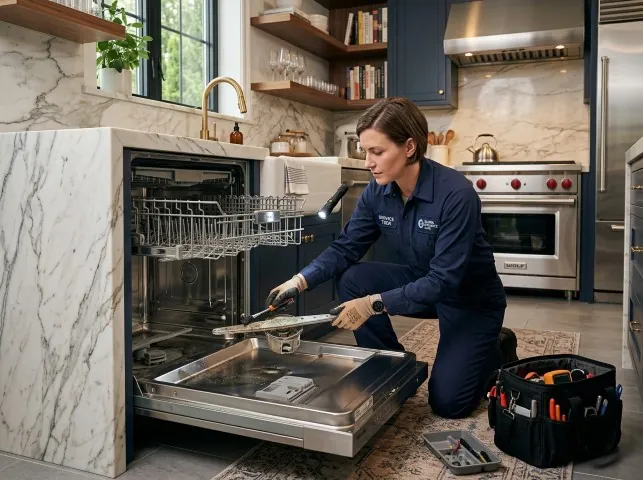 Appliance Repair Hero technician servicing a built-in dishwasher in a Belmar, NJ kitchen