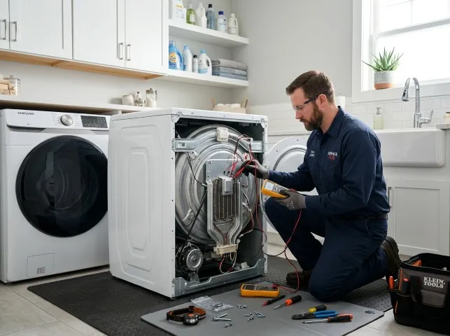 Appliance Repair Hero technician checking a dryer heating element with the rear panel off in Belmar, NJ
