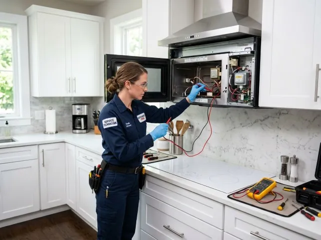 Appliance Repair Hero technician testing an over-the-range microwave in a Belmar, NJ kitchen