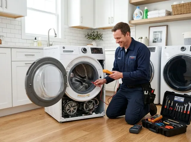 Appliance Repair Hero technician testing a front-load washer with a multimeter on a Belmar, NJ service call